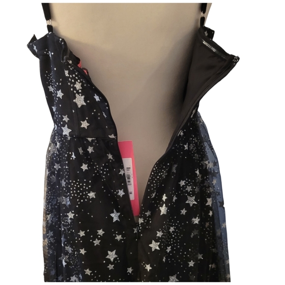 NEW Betsey Johnson Bustier Cup Silver Stars Midi Dress Black Mesh Tiered Size 8 - Picture 7 of 16